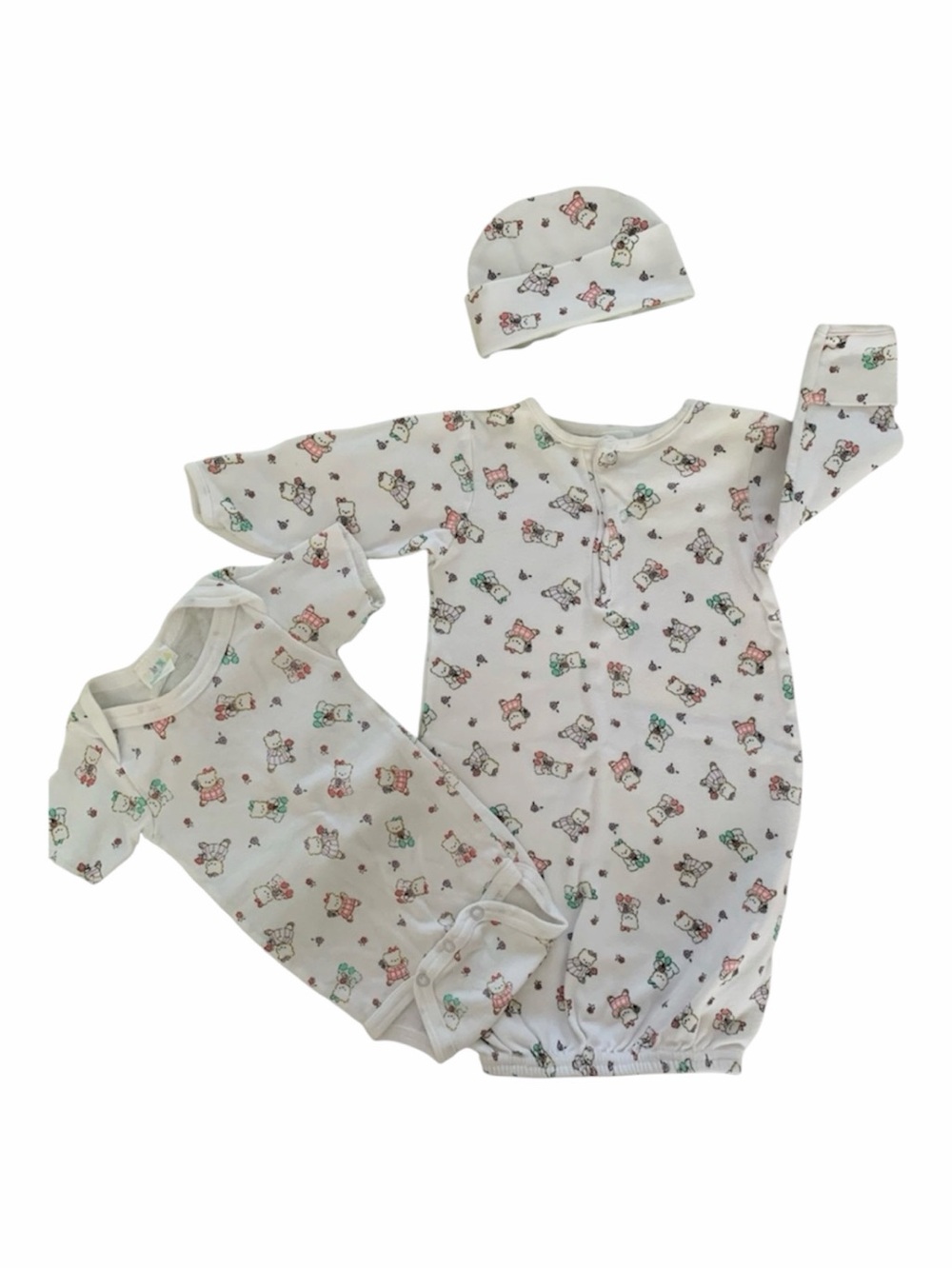 VTG Miniwear Sleeping Gown Sack 1 Piece Hat  Bears 3 PC Set Pajama White Newborn